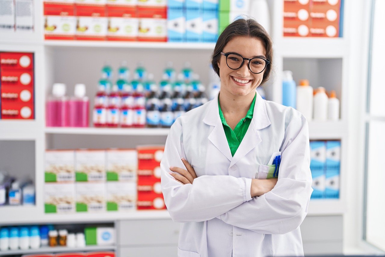 hispanic, woman, girl, teenager, person, female, beautiful, brunette, face, smile, smiling, happy, confident, standing, medicine, pharmacist, apothecary, healthcare, pharmaceutical, drug, medication, prescription, medical, uniform, business, ai generated